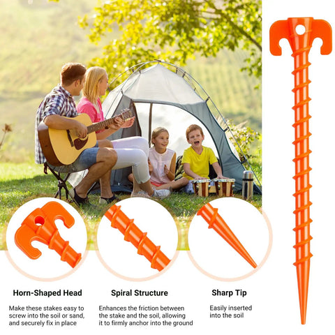 Hold It Down Easy 15 Pack Plastic Spiral Tent Stakes 10 Inch Heavy Duty Screw In Sand Anchors Windproof Ground Pegs displayed outdoors