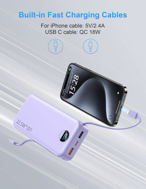 High Capacity 20000mAh Portable Charger With Built In Cables And Wall Plug USB C Fast Charging Power Bank With Digital Display
