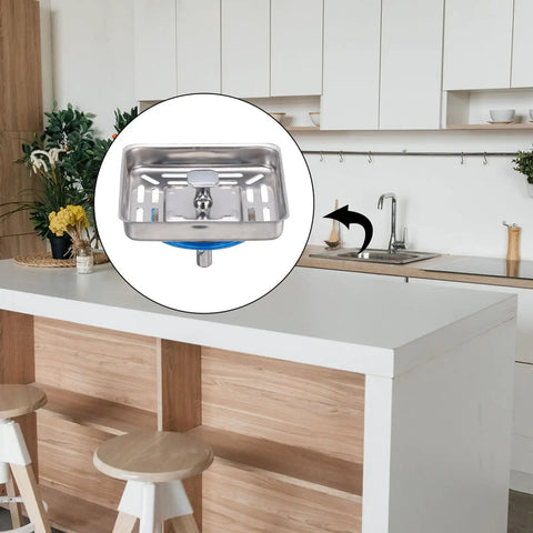 Thick Gauge Stainless Steel Square Sink Strainer Center Post Anti Clog Mesh Drain Filter Blocks Food Hair And Debris Rust Proof bathroom kitchen stoppers in modern kitchen setting.