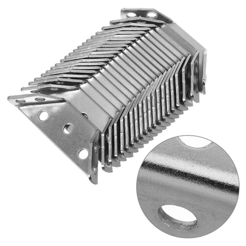Stack of heavy duty stainless steel corner brackets with close-up of three-sided corner braces for wood frames and shelves.