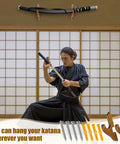 Two Pack Dope Sword Wall Mount Holder Kit For Katana Display shown with samurai practicing, includes screws and holders
