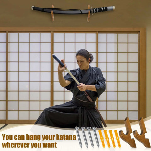 Two Pack Dope Sword Wall Mount Holder Kit For Katana Display shown with samurai practicing, includes screws and holders