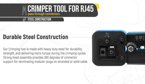 RJ45 Crimp Tool Kit With 50 Cat6 Pass Through Connectors And 50 Strain Relief Boots Plus Extra Blades EZ Cut Strip Crimp Ethernet Cables Pro Network Crimping Tool For Home Or Office DIY Friendly, steel construction detail