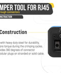 Close-up of RJ45 Crimp Tool For Pass Through Connector EZ Cut Strip And Crimp Cat5e And Cat6 Ethernet Cables steel construction.