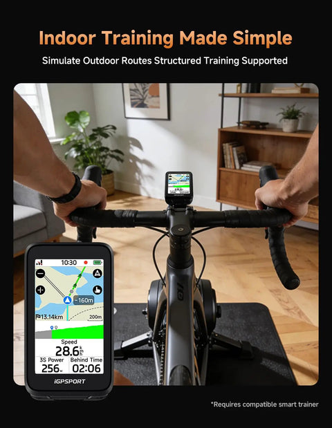 Cyclist using BiNavi Air Bike Computer with 3.0 inch touchscreen displaying indoor route simulation, maps, and navigation features.