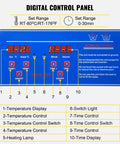 Digital control panel for ultrasonic cleaner; blue face with red LED displays, temperature and time control labels.