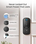 Ultra Secure WiFi Fingerprint Smart Door Lock With Remote App Control And Digital Keypad, showing features like low battery alert and backlit keypad.