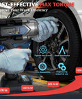 Husky 1/2 Inch Cordless Impact Wrench With Brushless Motor For 740 Ft-Lbs High Torque Power, tightening a tire in a garage.