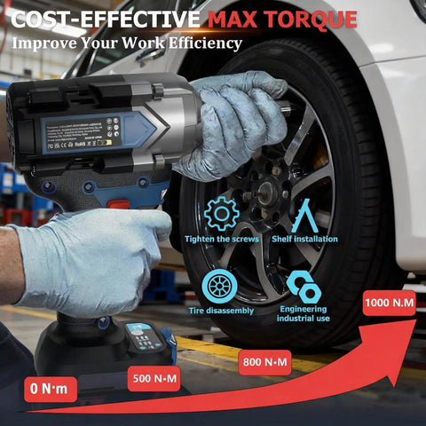 Husky 1/2 Inch Cordless Impact Wrench With Brushless Motor For 740 Ft-Lbs High Torque Power, tightening a tire in a garage.