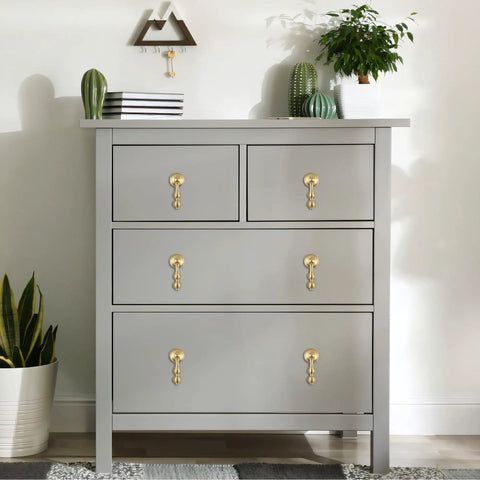 Solid Brass Cabinet Knobs 2 Pack Brushed Gold Boss Level Drop Pulls For Dresser And Drawers Modern Cupboard Wardrobe Pendant Knob Bedroom And Bathroom Cabinet Hardware Easy Install Rust Resistant 2.55 Inch Length on gray dresser