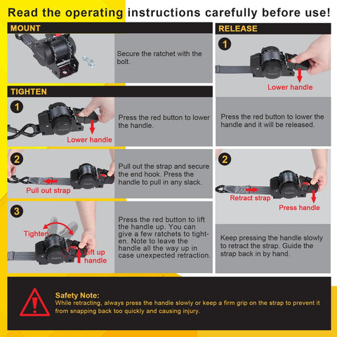 Operating instructions for Beefy Heavy Duty Retractable Ratchet Strap Set 2 Inch By 6 Feet 2 Pack Bolt On Tie Downs