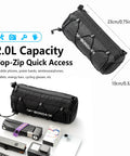 Waterproof Bike Handlebar Bag For Road And Mountain Bikes Front Storage With Shoulder Strap Easy To Clean Artificial Leather Bag For Bikepacking Daily Commute And All Weather Rides, showing 2.0L capacity and top-zip access with items nearby.