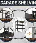 Hella Tough 5 Tier Metal Storage Rack With Fully Adjustable Shelves And 2000 Pound Capacity showing features like stability and weight support.