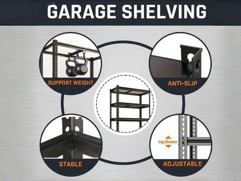 Hella Tough 5 Tier Metal Storage Rack With Fully Adjustable Shelves And 2000 Pound Capacity showing features like stability and weight support.