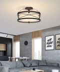 Semi Flush Mount Ceiling Light For Farmhouse Hallway And Kitchen, Retro Vintage Metal Cage Drum Fixture With E26 Base, Bronze Finish, Open Cage Shade, Modern Rustic Home Lighting installed in a living room.