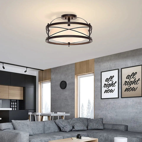 Semi Flush Mount Ceiling Light For Farmhouse Hallway And Kitchen, Retro Vintage Metal Cage Drum Fixture With E26 Base, Bronze Finish, Open Cage Shade, Modern Rustic Home Lighting installed in a living room.