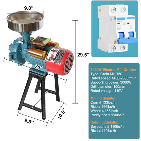 Beast 3000W Electric Grain Grinder with large funnel on a stand, showing size and capacity details, 110V high capacity milling machine.