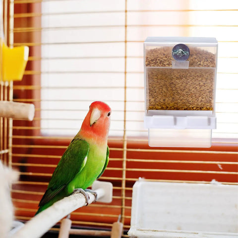 12 Pack No Mess Bird Feeder For Cage Zero Fuss Anti Spill Parrot Seed Dispenser beside colorful parrot in cage.