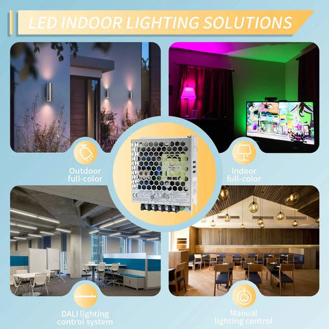 LED indoor lighting solutions image featuring power supply, outdoor and indoor lighting setups, showcasing versatility.