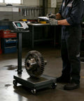 660lb Heavy Duty Floor Platform Scale With Wheels Workhorse Digital Scale for weighing industrial gear in a workshop