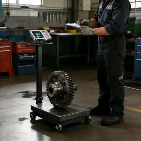 660lb Heavy Duty Floor Platform Scale With Wheels Workhorse Digital Scale for weighing industrial gear in a workshop