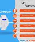 Features of Hella Dope Skateboard Deck Hangers Transparent Floating Display Mount With Adhesive Strips highlighted on blue background.