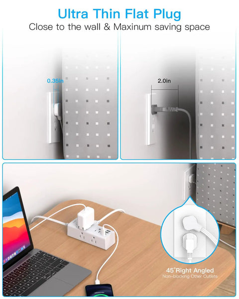 Ultra Flat 10 Ft Extension Cord With Multiple Outlets, Slick Right Angle Plug Power Strip For Home Office Dorm And Behind Furniture, Low Profile Wall Plug Cord Organizer with 0.35in flat plug and 10ft cord