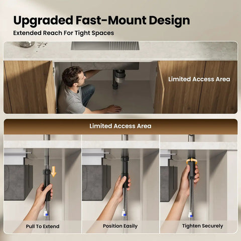 JOMOO Brushed Nickel Kitchen Faucet with Pull Down Sprayer, 2-Mode installation process showing upgraded fast-mount design.
