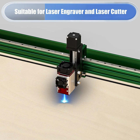Side view of laser engraver head cutting wood sheet on green track; blue laser glow.
