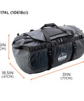 Arsenal 5030L Large Tarpaulin Water Resistant Duffel Bag With Removable Shoulder Straps Black, displayed with dimensions.
