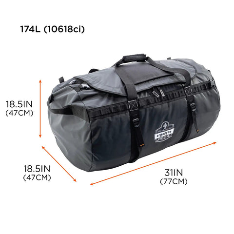 Arsenal 5030L Large Tarpaulin Water Resistant Duffel Bag With Removable Shoulder Straps Black, displayed with dimensions.