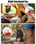 Rechargeable Camping Fan With 20000mAh Battery, LED Light, And Built In Hook in use inside a tent and carried outdoors