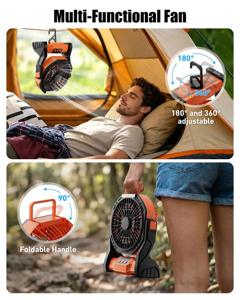 Rechargeable Camping Fan With 20000mAh Battery, LED Light, And Built In Hook in use inside a tent and carried outdoors