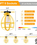 Pro Grade Construction String Lights 50 Ft Outdoor Work Lights 50W With 5 E26 Bases IP65 Waterproof with yellow cage details
