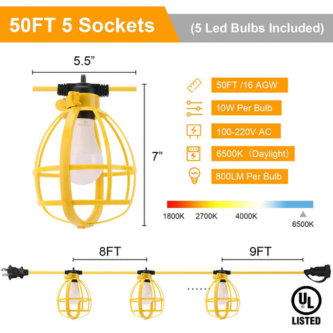 Pro Grade Construction String Lights 50 Ft Outdoor Work Lights 50W With 5 E26 Bases IP65 Waterproof with yellow cage details
