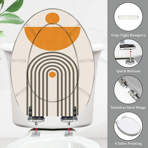 Elongated Toilet Seat Resin Bathroom, 14.5" x 18.5", featuring unique design, grip-tight bumpers, and stainless steel hinge.