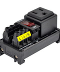 Rail Mount 120V NEMA 5-15R Single Outlet Power Strip Module with Rocker Switch, for industrial panels, black design.