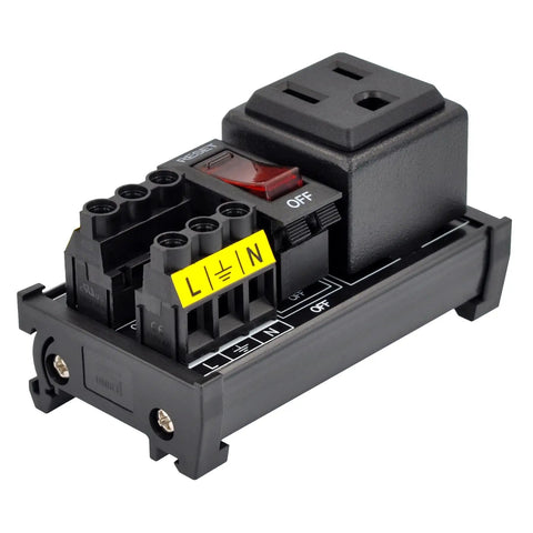 Rail Mount 120V NEMA 5-15R Single Outlet Power Strip Module with Rocker Switch, for industrial panels, black design.