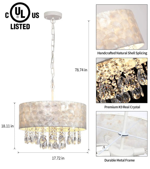 Showstopping Four Lights Drum Crystal Shade Black Chandelier Pendant Light For Kitchen Island Dining Room Living Room Foyer Entryway Bedroom UL Listed Farmhouse Rustic Retro Style with detailed crystal beads and metal frame visible.
