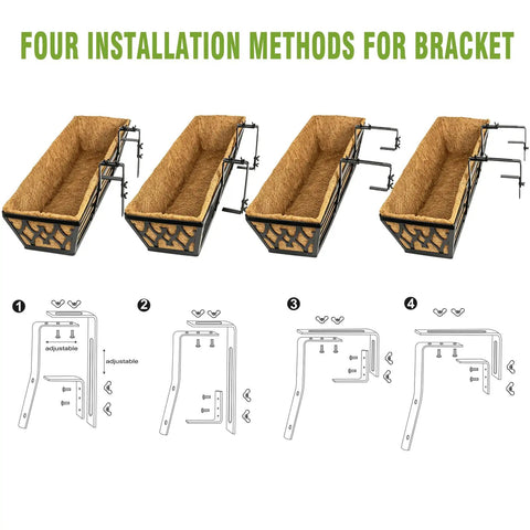 24 Inch Window Boxes Planters Two Pack With Adjustable Brackets For Porch Fence Patio Balcony Railing Planter Boxes With Coco Liners Hanging Flower Baskets Outdoor Garden Decor In Black showing four installation methods.