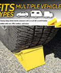 Heavy Duty Wheel Chocks 2 Pack For Trailers And RVs Non Slip Triangular Tire Blocks with Double Sided Serrated Grip shown in use.