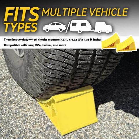 Heavy Duty Wheel Chocks 2 Pack For Trailers And RVs Non Slip Triangular Tire Blocks with Double Sided Serrated Grip shown in use.