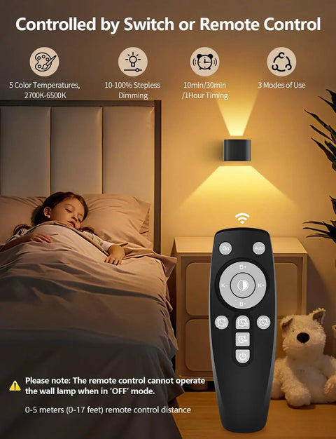 Go-To Remote Controlled Motion Sensor Wall Light With 5000mAh Rechargeable Battery, dimmable LED, remote beside sleeping child