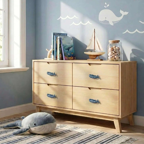 Dresser with Sperm Whale Shaped Cabinet Knobs 4 Piece Set In Vintage Ocean Blue Zinc Alloy, nautical decor