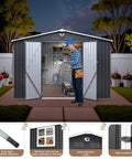 Outdoor Metal Storage Shed Black 10x12 Ft With Lockable Doors And Clear Window Waterproof Tool Storage Building setup scene