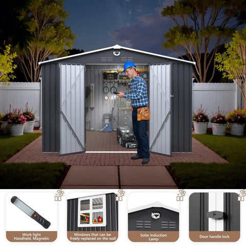 Outdoor Metal Storage Shed Black 10x12 Ft With Lockable Doors And Clear Window Waterproof Tool Storage Building setup scene
