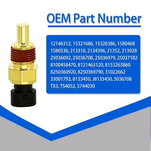 Engine coolant temperature sensor, front view; brass body with black connector and OEM part numbers panel.