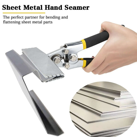 Person holding 6 Inch Hand Seamer Tool With Straight Jaw Benders for Flattening Sheet Metal, ergonomic handle, close-up view.