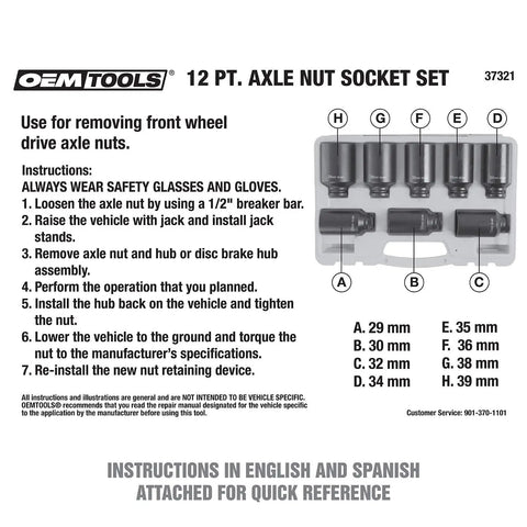 8 Piece Half Inch Drive Axle Nut Socket Set With 12 Point Sockets 29mm 30mm 32mm 34mm 35mm 36mm 38mm 39mm In Case For Front Wheel Drive Vehicles Durable Case Included For Easy Transport And Organization with instruction details