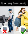 Two scenarios of moving furniture, showing two men struggling with a sofa and a girl easily moving a sofa using furniture glides.